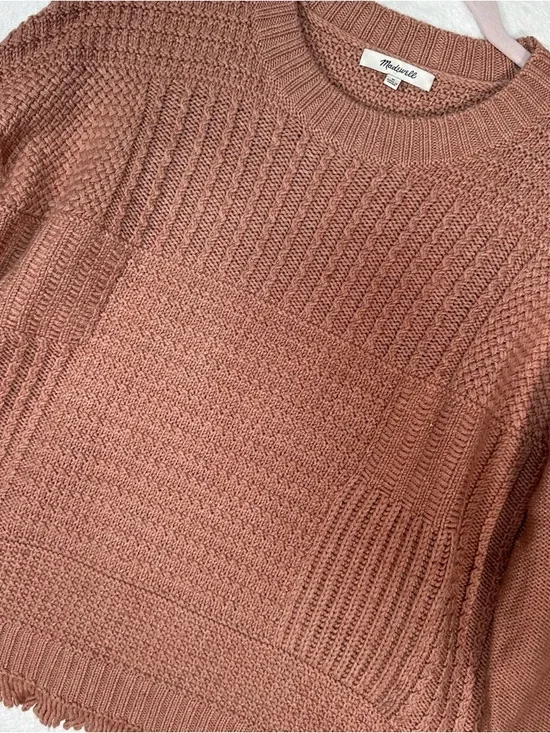 Madewell Mixed Stitch Sweater M Pink Terracotta Fringed Frayed Hem Crew Boho - Picture 2 of 7